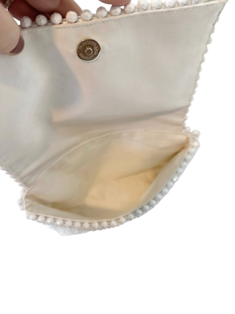 LOEFFLER RANDALL White Beaded Folded Clutch Purse Magnet Closure White Satin - Picture 3 of 7